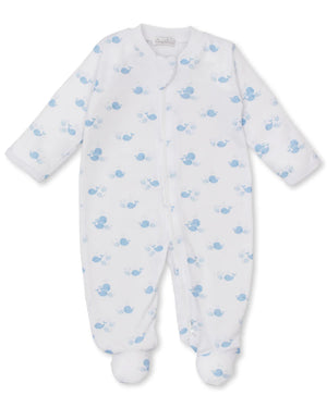 The Kissy Kissy Baby Whale Wonder Printed Footie features soft white Pima cotton, long sleeves, a front zipper, and a cute allover small blue whale print.