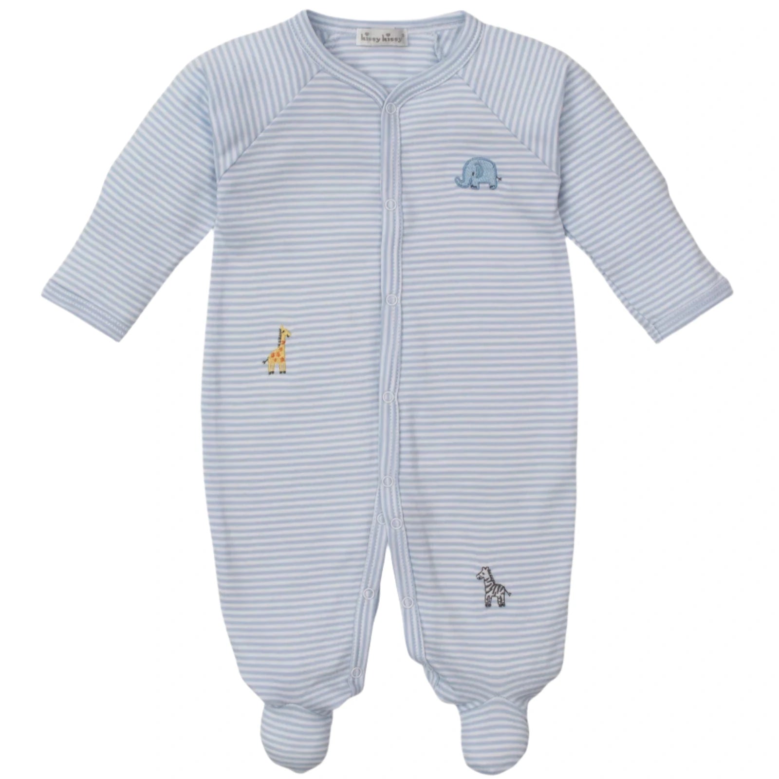 Kissy Kissy Baby Boys' Safari Wild Striped Footie in light blue and white features long sleeves, footed legs, front snaps, and small embroidered safari animals—elephant, giraffe, and zebra—in soft Pima cotton.