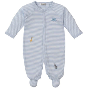 Kissy Kissy Baby Boys' Safari Wild Striped Footie in light blue and white features long sleeves, footed legs, front snaps, and small embroidered safari animals—elephant, giraffe, and zebra—in soft Pima cotton.