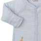 The Kissy Kissy Baby Boys' Safari Wild Striped Footie in light blue and white features soft Pima cotton, long sleeves, snap buttons, and a small embroidered giraffe safari animal near the bottom.