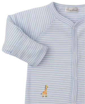 The Kissy Kissy Baby Boys' Safari Wild Striped Footie in light blue and white features soft Pima cotton, long sleeves, snap buttons, and a small embroidered giraffe safari animal near the bottom.