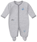 The Kissy Kissy Baby Boys' Dinosaur Era Striped Footie is a gray and white Pima cotton onesie with long sleeves and small blue dino prints on the front.