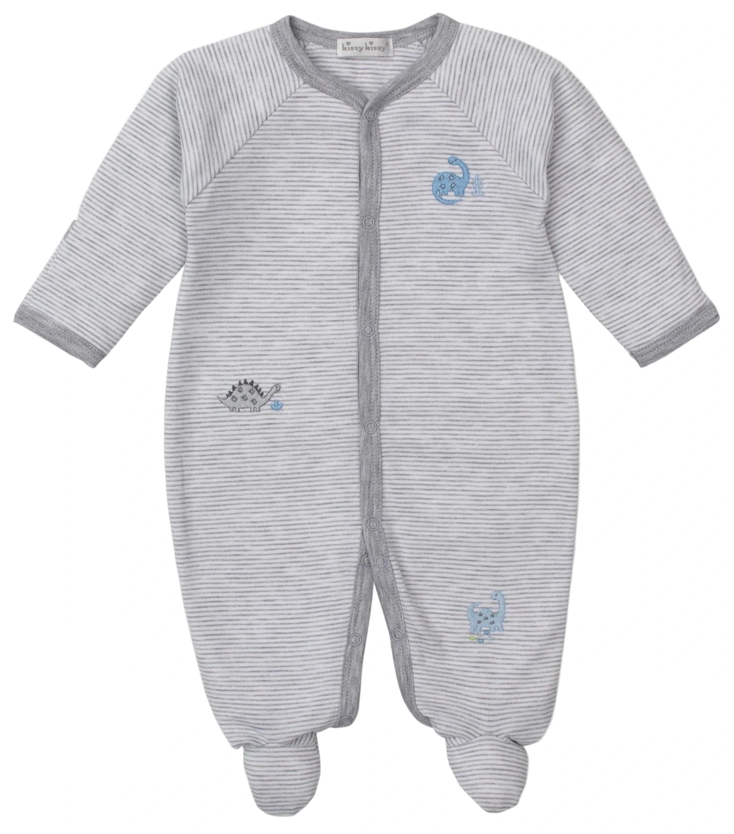 The Kissy Kissy Baby Boys' Dinosaur Era Striped Footie is a gray and white Pima cotton onesie with long sleeves and small blue dino prints on the front.
