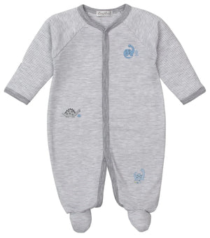 The Kissy Kissy Baby Boys' Dinosaur Era Striped Footie is a gray and white Pima cotton onesie with long sleeves and small blue dino prints on the front.