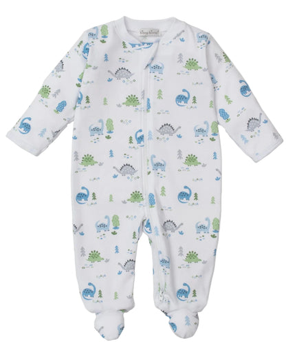 The Kissy Kissy Baby Boys' Dinosaur Era Zip Footie is a soft Pima cotton onesie with a playful blue, green, and gray dinosaur print with trees, long sleeves, and a diagonal zipper closure.