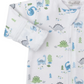 The Kissy Kissy Baby Boys' Dinosaur Era Zip Footie features blue, green, and gray dinosaur and tree patterns on white Pima cotton with a front zipper and folded sleeves—a cozy choice for your little one.