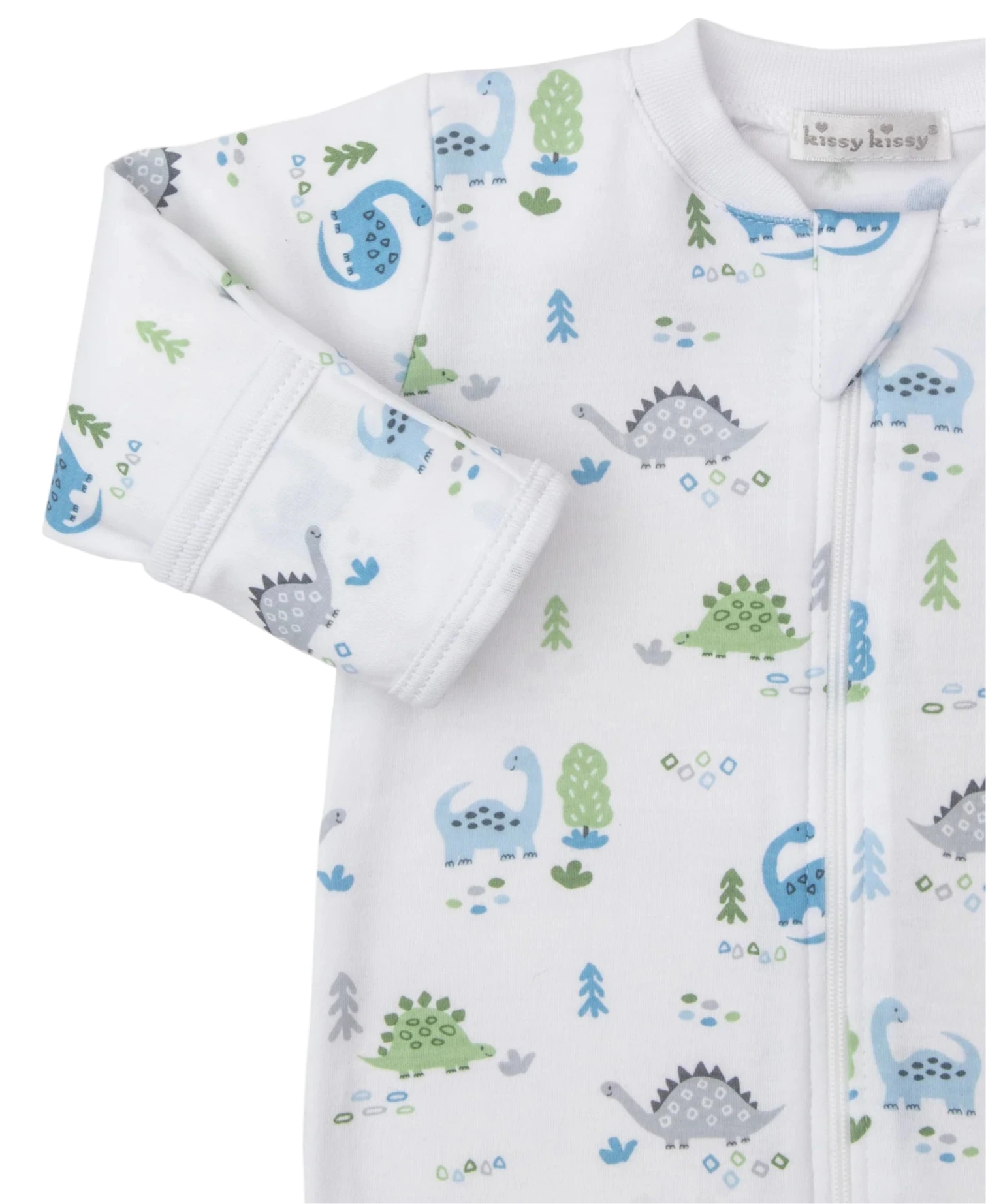 The Kissy Kissy Baby Boys' Dinosaur Era Zip Footie features blue, green, and gray dinosaur and tree patterns on white Pima cotton with a front zipper and folded sleeves—a cozy choice for your little one.