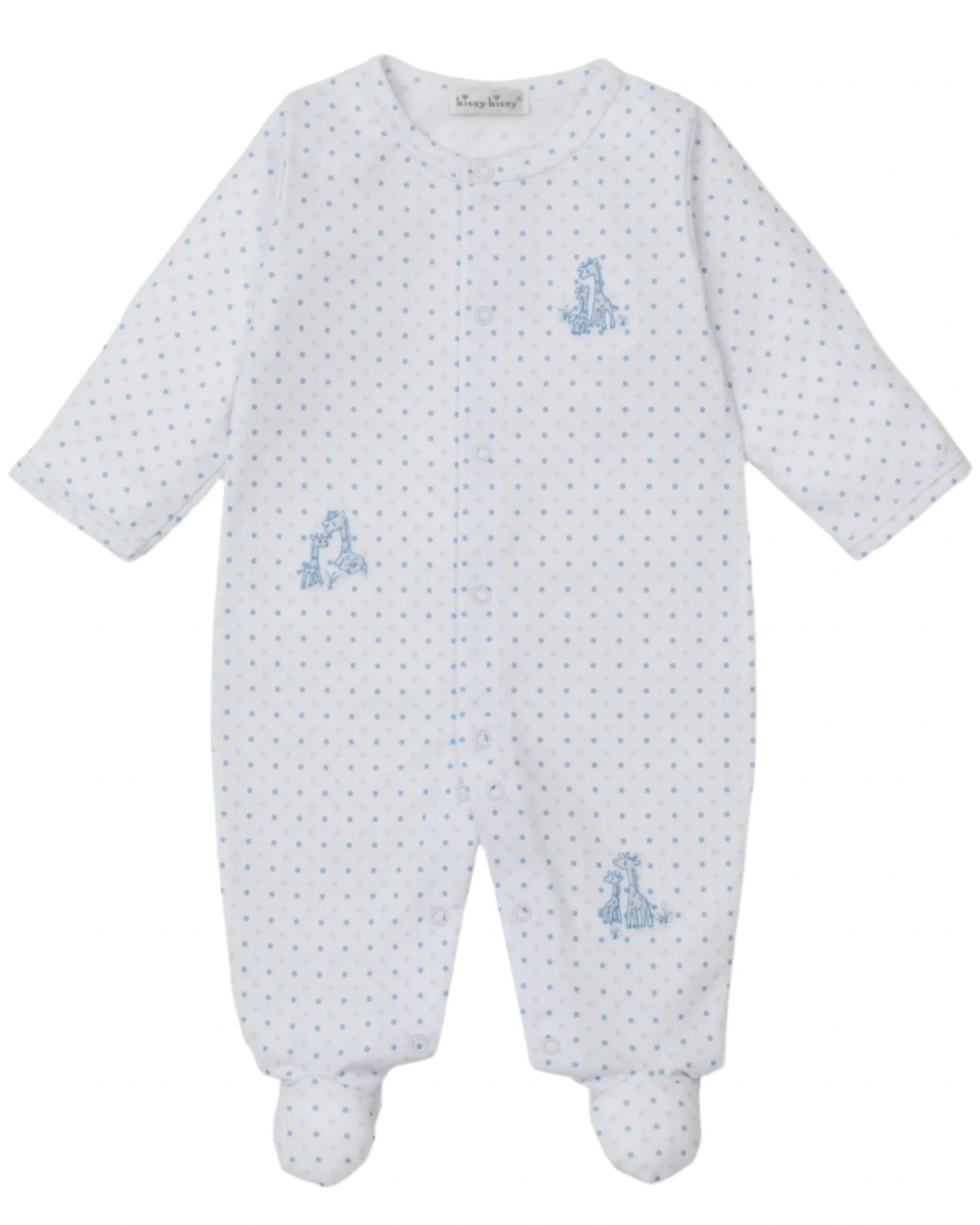 The Kissy Kissy Baby' Giraffe Grace Dotted Footie features white Pima cotton with blue polka dots, a giraffe pattern, long sleeves, covered feet, and front snaps—perfect cozy sleepwear for your baby.
