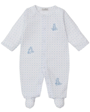 The Kissy Kissy Baby' Giraffe Grace Dotted Footie features white Pima cotton with blue polka dots, a giraffe pattern, long sleeves, covered feet, and front snaps—perfect cozy sleepwear for your baby.