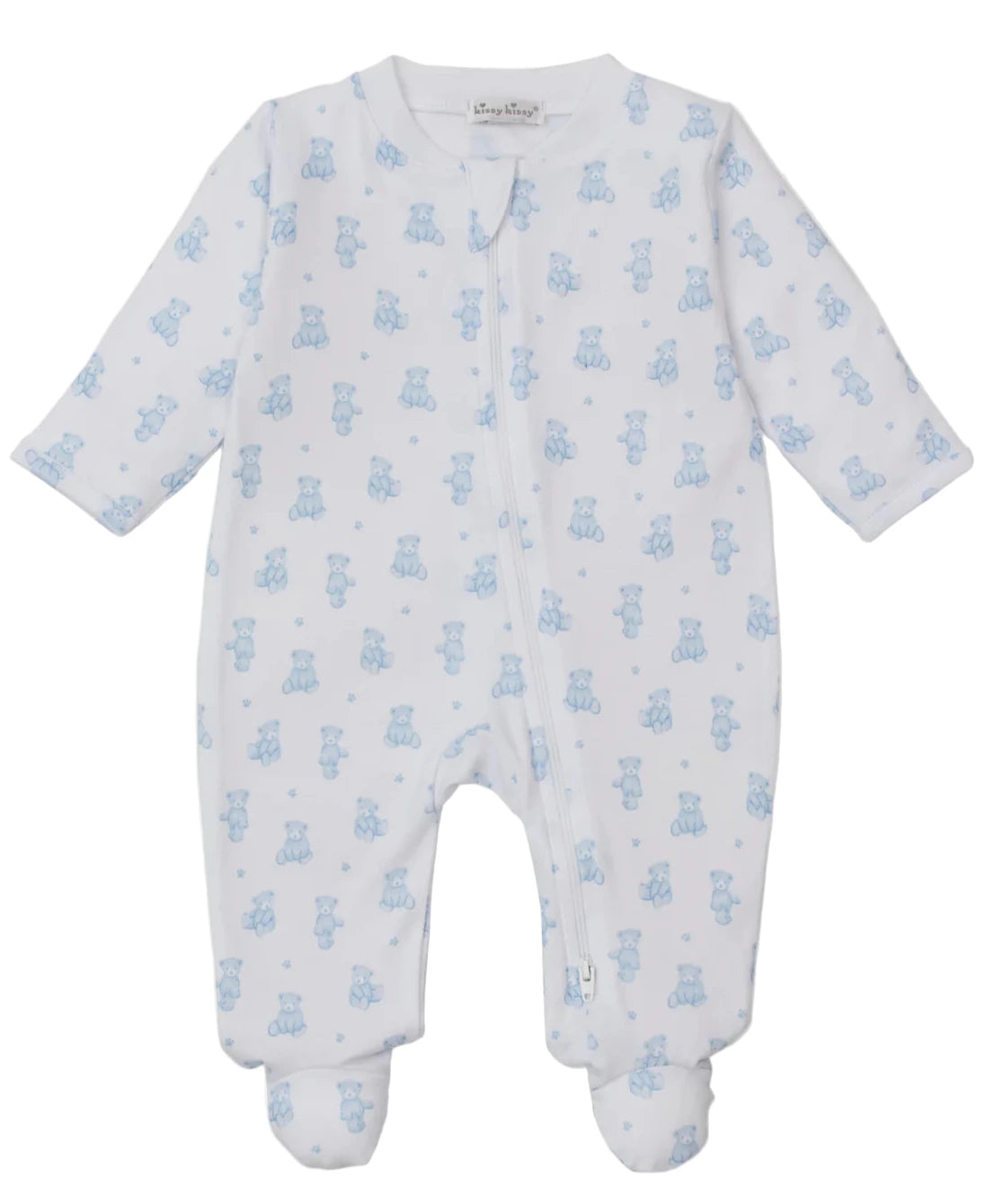 The Kissy Kissy Baby Teddy Bear Time Printed Zip Footie is a white, long-sleeve onesie made from soft Pima cotton, featuring a blue teddy bear print and a convenient zippered footie design for easy changes.