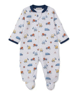 Dress your little one in the Kissy Kissy Baby Boys' Construction Roadwork Zip Footie, featuring a white background with a playful construction vehicle print. This cozy footie is crafted from soft Pima cotton baby fabric and finished with navy trim on the collar and cuffs, a convenient front zipper, and covered feet for all-day comfort.