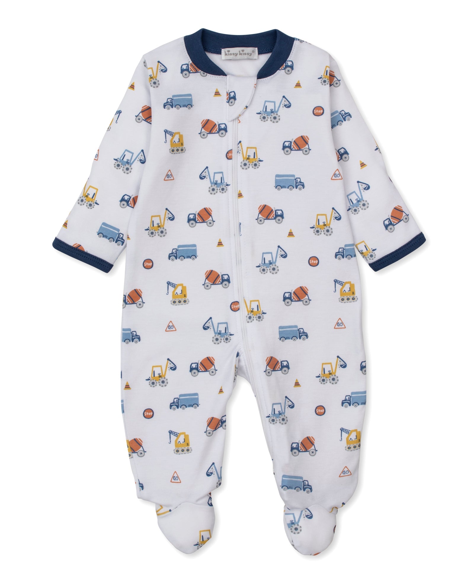 Dress your little one in the Kissy Kissy Baby Boys' Construction Roadwork Zip Footie, featuring a white background with a playful construction vehicle print. This cozy footie is crafted from soft Pima cotton baby fabric and finished with navy trim on the collar and cuffs, a convenient front zipper, and covered feet for all-day comfort.