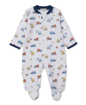 Dress your little one in the Kissy Kissy Baby Boys' Construction Roadwork Zip Footie, featuring a white background with a playful construction vehicle print. This cozy footie is crafted from soft Pima cotton baby fabric and finished with navy trim on the collar and cuffs, a convenient front zipper, and covered feet for all-day comfort.