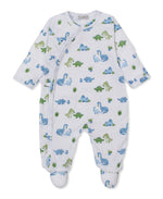 Dress your little one in the Kissy Kissy Baby Boys' Dinosaur Delight Footie—a white, ultra-soft Pima cotton onesie with long sleeves, decorated with playful blue and green dinosaurs amid plant motifs. Diagonal snap closures across the front ensure easy changing.