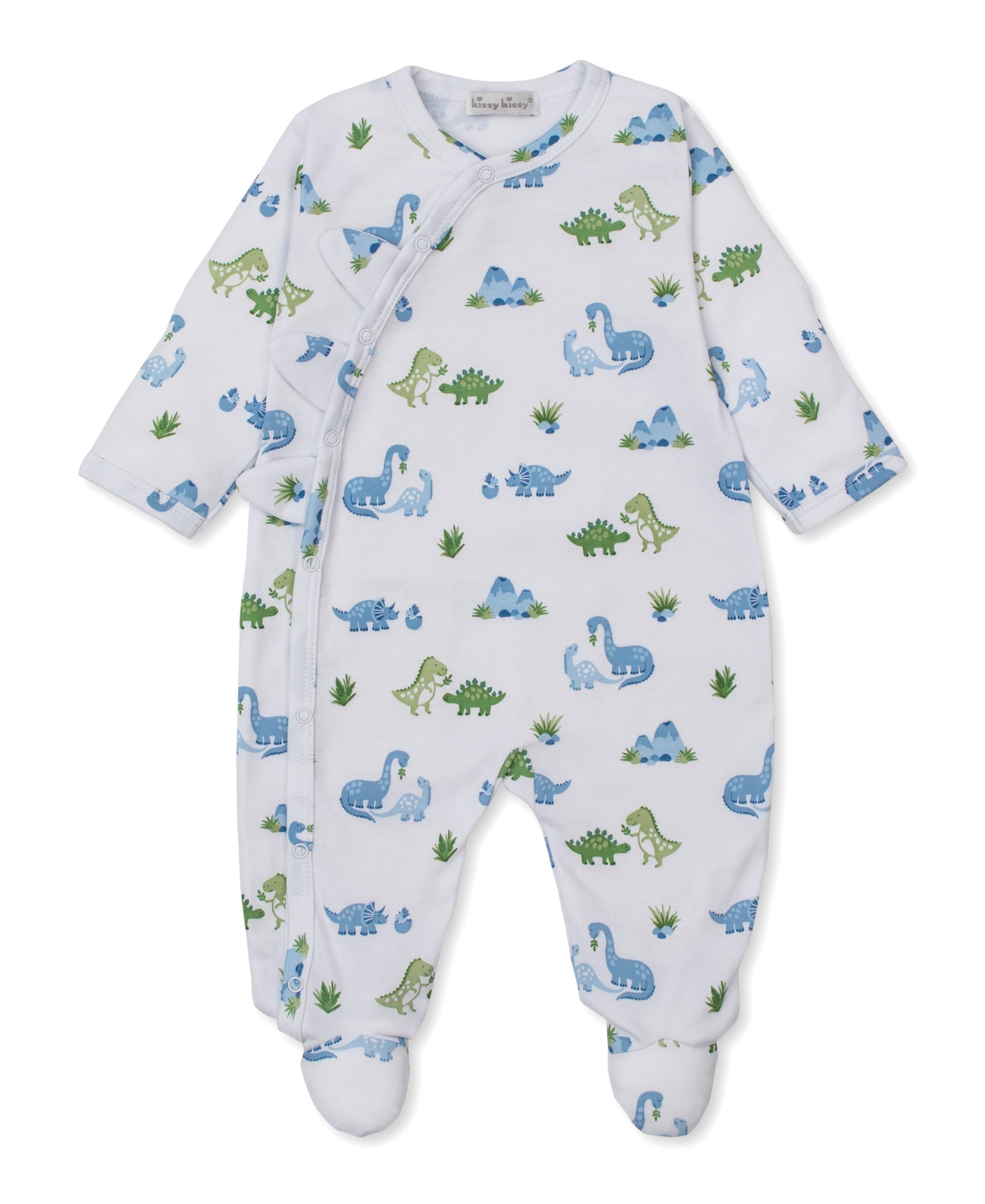 Dress your little one in the Kissy Kissy Baby Boys' Dinosaur Delight Footie—a white, ultra-soft Pima cotton onesie with long sleeves, decorated with playful blue and green dinosaurs amid plant motifs. Diagonal snap closures across the front ensure easy changing.