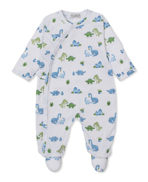 Dress your little one in the Kissy Kissy Baby Boys' Dinosaur Delight Footie—a white, ultra-soft Pima cotton onesie with long sleeves, decorated with playful blue and green dinosaurs amid plant motifs. Diagonal snap closures across the front ensure easy changing.