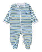 The Kissy Kissy Baby Boys' Dinosaur Delight Zip Footie is crafted from soft Pima cotton, featuring blue, green, and white horizontal stripes, white trim, and a convenient front zipper—making this adorable footie as cozy as it is cute.