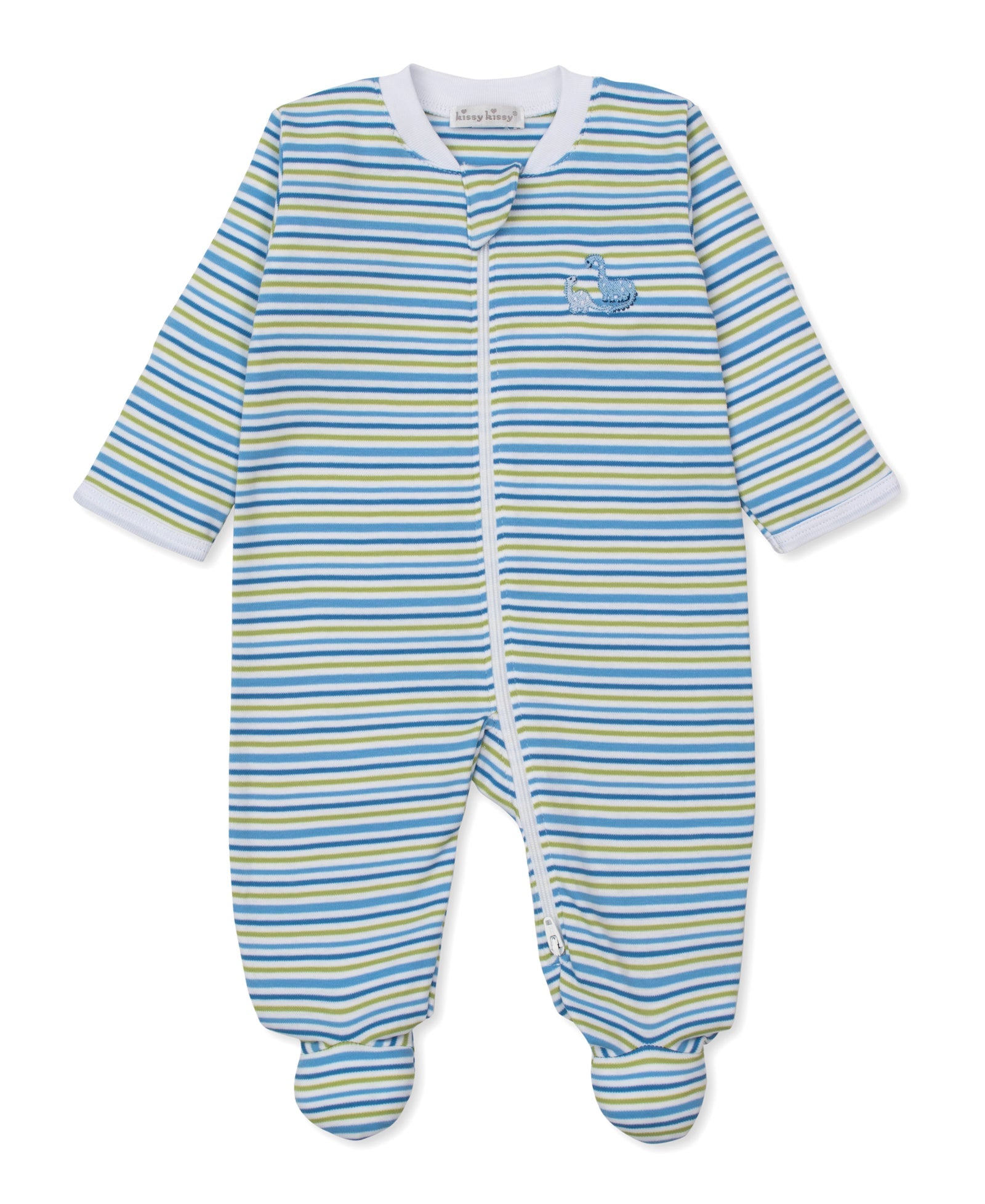 The Kissy Kissy Baby Boys' Dinosaur Delight Zip Footie is crafted from soft Pima cotton, featuring blue, green, and white horizontal stripes, white trim, and a convenient front zipper—making this adorable footie as cozy as it is cute.