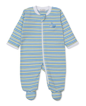The Kissy Kissy Baby Boys' Dinosaur Delight Zip Footie is crafted from soft Pima cotton, featuring blue, green, and white horizontal stripes, white trim, and a convenient front zipper—making this adorable footie as cozy as it is cute.