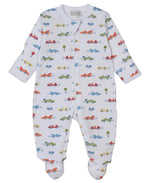 Kissy Kissy Baby Boys' Zip Footie in soft white Pima cotton features a playful print of cars, trucks, trees, and traffic lights.