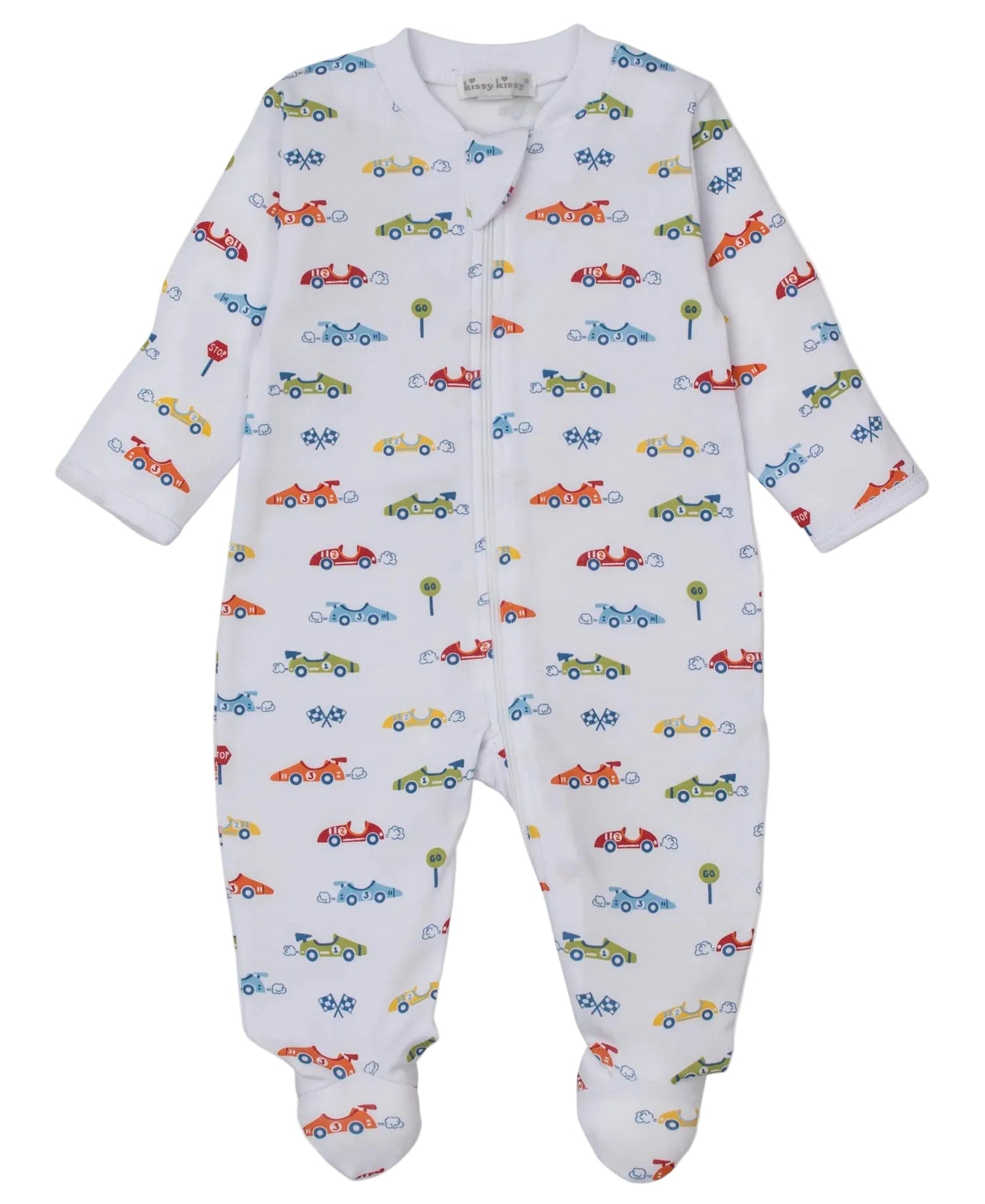 Kissy Kissy Baby Boys' Zip Footie in soft white Pima cotton features a playful print of cars, trucks, trees, and traffic lights.