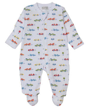 Kissy Kissy Baby Boys' Zip Footie in soft white Pima cotton features a playful print of cars, trucks, trees, and traffic lights.