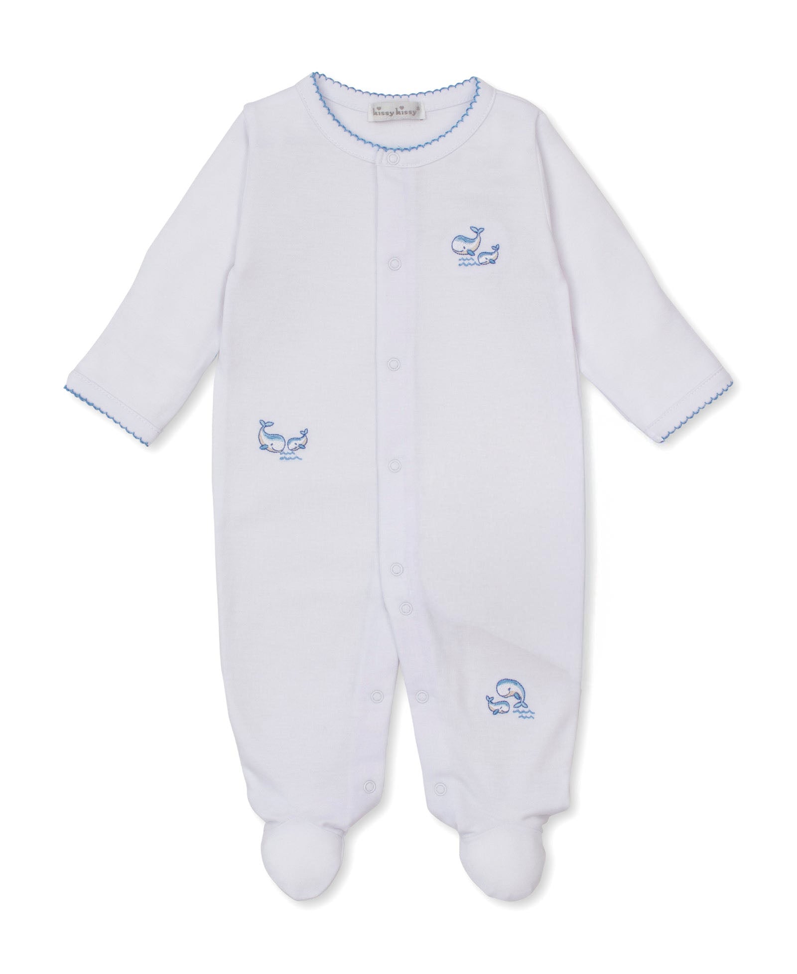 The Kissy Kissy Baby Boys’ Whale Pods Footie features soft Pima cotton, blue whale embroidery, coordinating blue stitching on the cuffs, and convenient snap buttons down the front for easy changes. This charming onesie ensures all-day comfort in a playful whale theme.