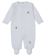 The Kissy Kissy Baby Boys' Premier Golf Championship Hand Emb. Stripe Footie features soft Pima cotton and charming hand-embroidered golf designs on the front for a stylish touch.