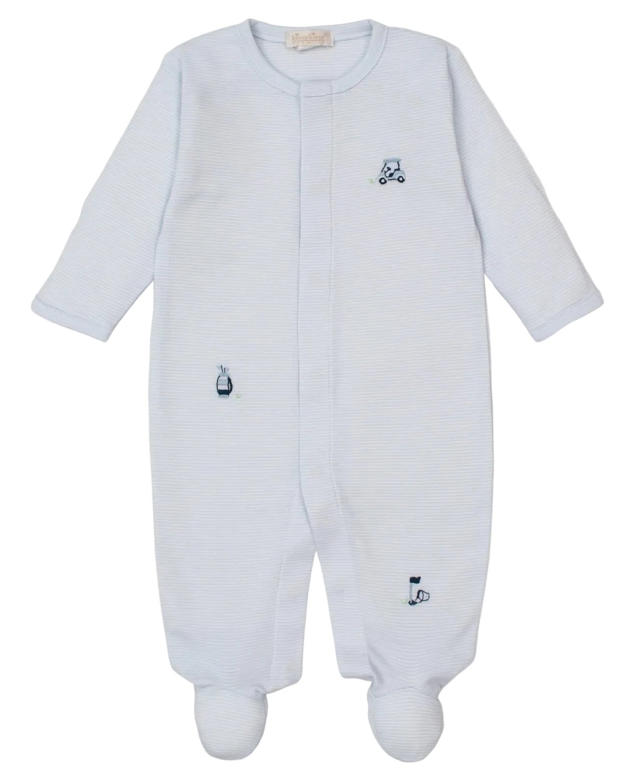 The Kissy Kissy Baby Boys' Premier Golf Championship Hand Emb. Stripe Footie features soft Pima cotton and charming hand-embroidered golf designs on the front for a stylish touch.