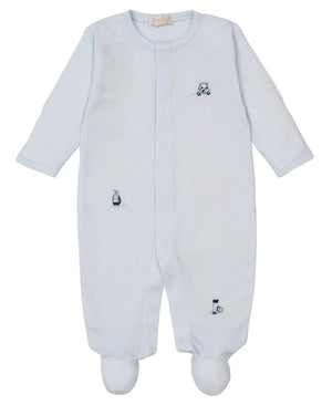 The Kissy Kissy Baby Boys' Premier Golf Championship Hand Emb. Stripe Footie features soft Pima cotton and charming hand-embroidered golf designs on the front for a stylish touch.