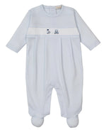 The Kissy Kissy Baby Boys' Premier Golf Championship Hand Emb. Footie is a light blue, long-sleeve romper crafted from ultra-soft Pima cotton, featuring subtle patterns and small embroidered designs on the chest.