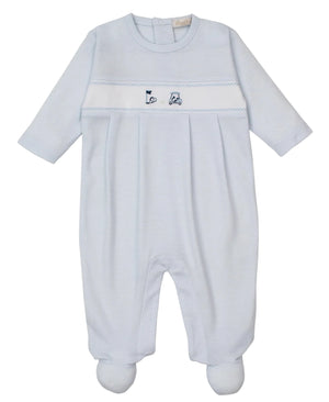 The Kissy Kissy Baby Boys' Premier Golf Championship Hand Emb. Footie is a light blue, long-sleeve romper crafted from ultra-soft Pima cotton, featuring subtle patterns and small embroidered designs on the chest.