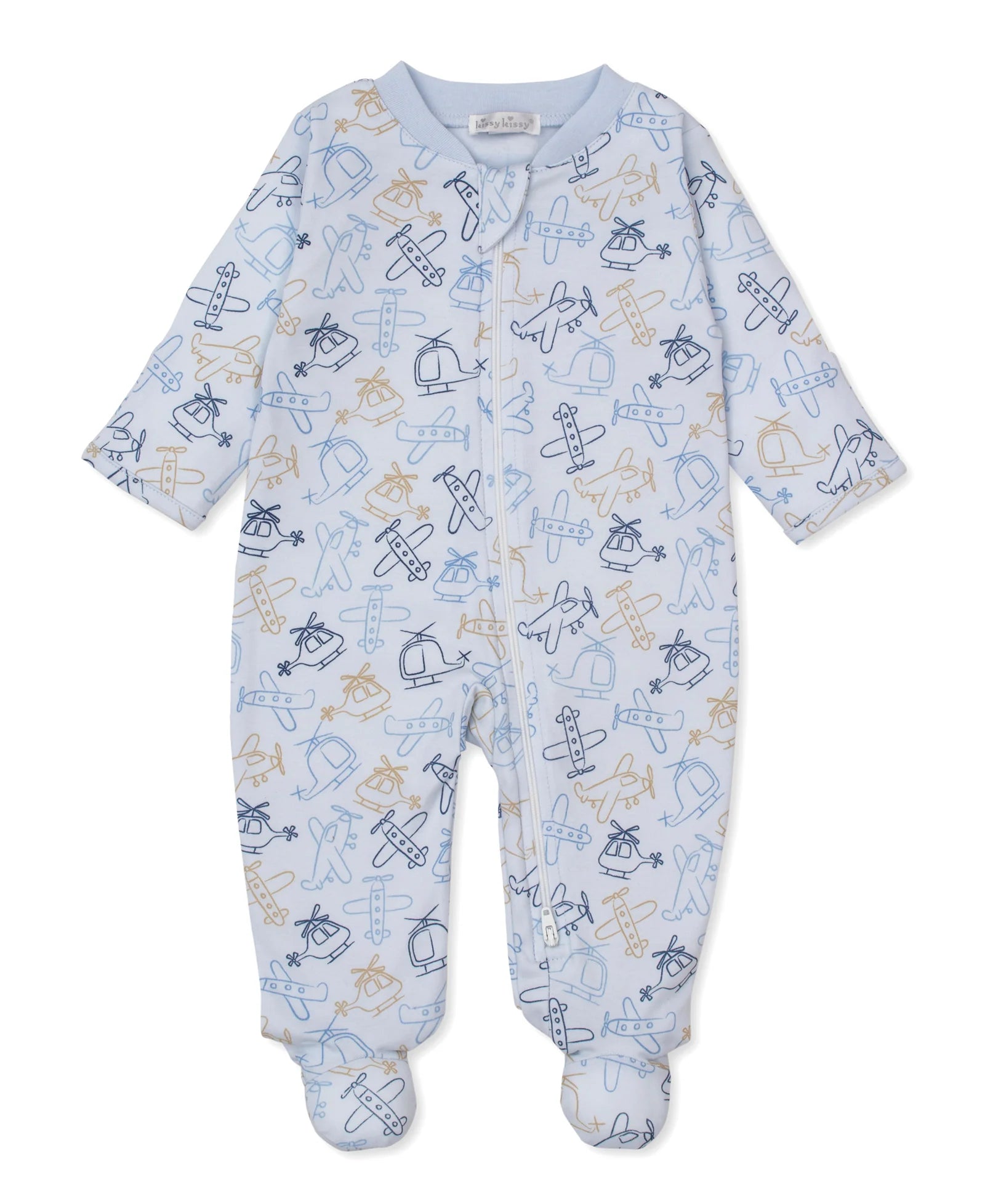 The Kissy Kissy Baby Boys' Air Travel Zip Footie features a light blue design with airplane, helicopter, and cloud prints in blue and tan outlines.