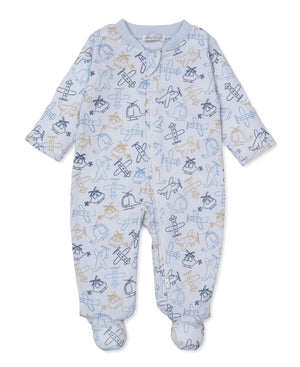 The Kissy Kissy Baby Boys' Air Travel Zip Footie features a light blue design with airplane, helicopter, and cloud prints in blue and tan outlines.