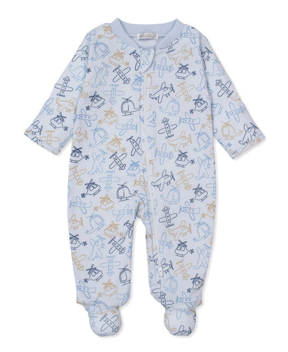 The Kissy Kissy Baby Boys' Air Travel Zip Footie features a light blue design with airplane, helicopter, and cloud prints in blue and tan outlines.