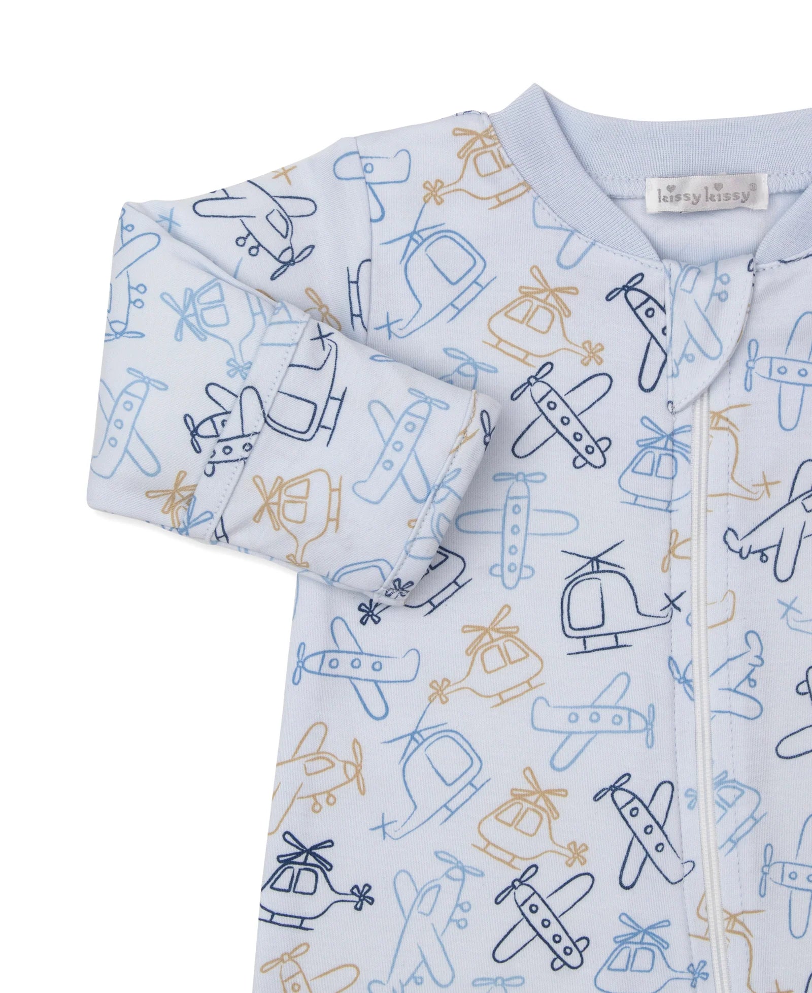 The Kissy Kissy Baby Boys' Air Travel Zip Footie features a light blue, long-sleeve design with blue and yellow helicopters and airplanes on soft Pima cotton.