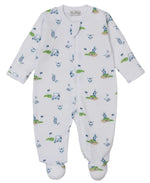 The Boys' Golf Championship Zip Footie by Kissy Kissy is a white baby onesie made from soft Pima cotton, featuring blue and green golf-themed prints and a convenient front zipper—ideal cozy sleepwear for your little one.