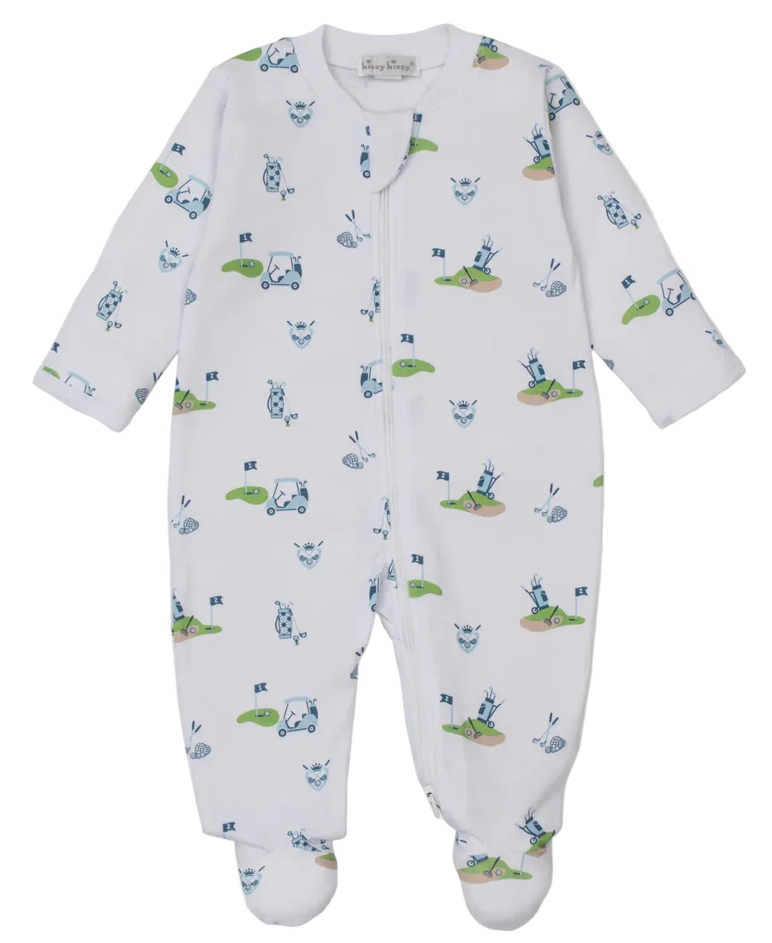 The Boys' Golf Championship Zip Footie by Kissy Kissy is a white baby onesie made from soft Pima cotton, featuring blue and green golf-themed prints and a convenient front zipper—ideal cozy sleepwear for your little one.