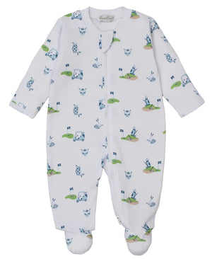 The Boys' Golf Championship Zip Footie by Kissy Kissy is a white baby onesie made from soft Pima cotton, featuring blue and green golf-themed prints and a convenient front zipper—ideal cozy sleepwear for your little one.