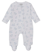 The Kissy Kissy Baby Springtime Bunny Fun Zip Footie is a white Pima cotton onesie with long sleeves, footed legs, and a light blue bunny and tree print; it features a neck-to-leg zipper for easy changing.