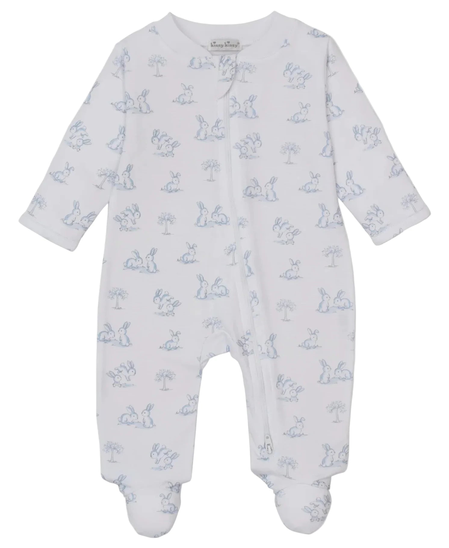 The Kissy Kissy Baby Springtime Bunny Fun Zip Footie is a white Pima cotton onesie with long sleeves, footed legs, and a light blue bunny and tree print; it features a neck-to-leg zipper for easy changing.