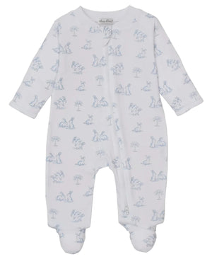 The Kissy Kissy Baby Springtime Bunny Fun Zip Footie is a white Pima cotton onesie with long sleeves, footed legs, and a light blue bunny and tree print; it features a neck-to-leg zipper for easy changing.