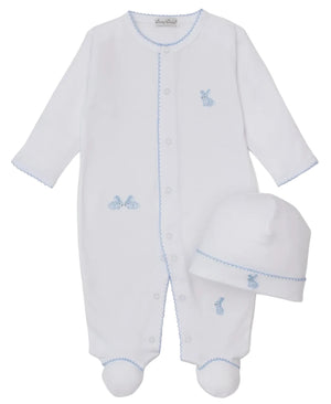 The Kissy Kissy Baby Springtime Bunny Fun Footie & Hat Set features a white Pima cotton footie with blue trim and embroidered blue bunnies, paired with a matching bunny-themed hat with delicate blue stitching.