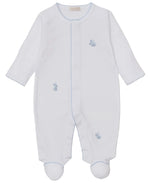 The Baby Premier Springtime Bunny Fun Hand Emb. Footie by Kissy Kissy is a white, long-sleeve onesie with blue scalloped trim and hand-embroidered blue bunnies, crafted from ultra-soft Peruvian cotton for ultimate comfort.