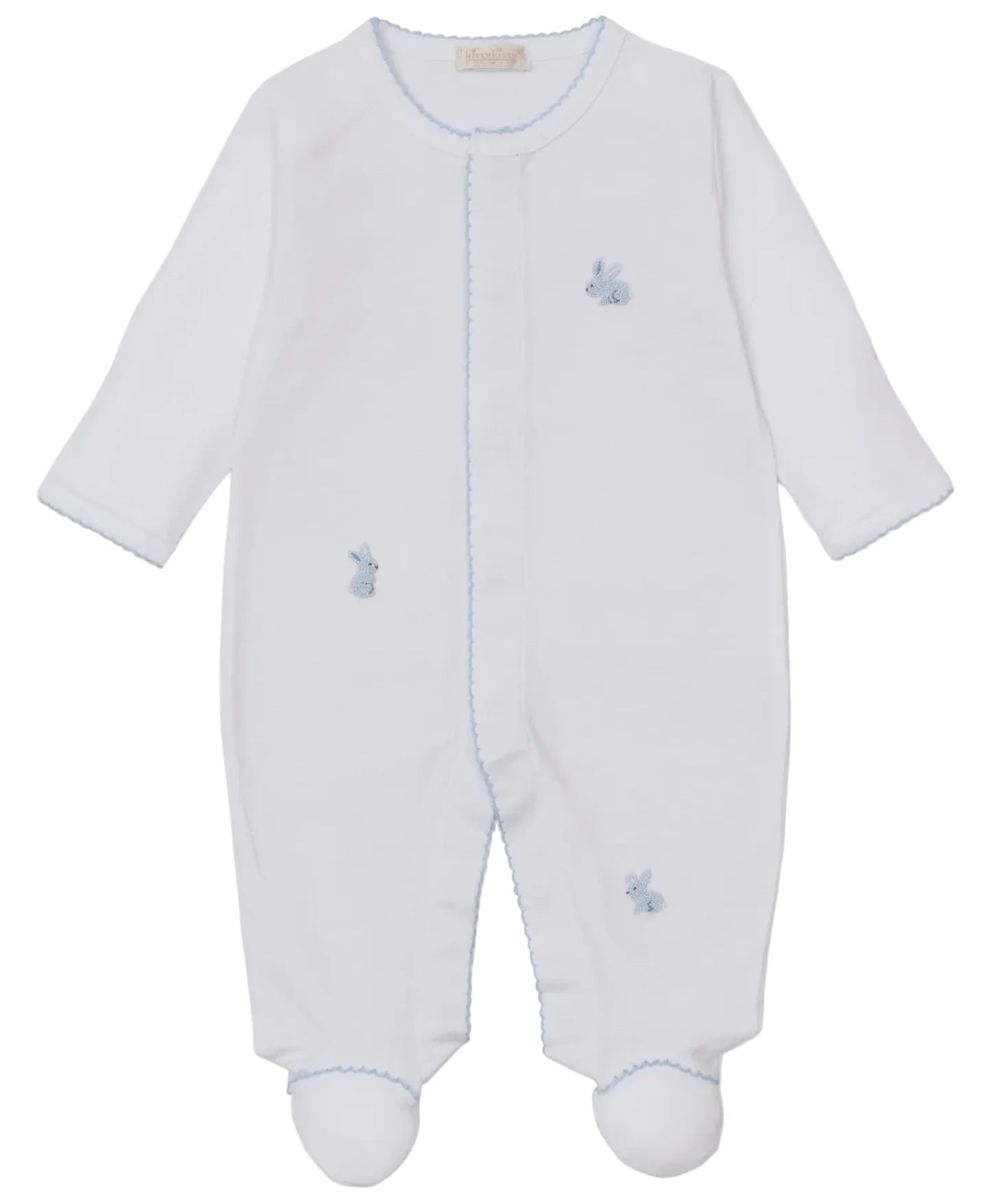 The Baby Premier Springtime Bunny Fun Hand Emb. Footie by Kissy Kissy is a white, long-sleeve onesie with blue scalloped trim and hand-embroidered blue bunnies, crafted from ultra-soft Peruvian cotton for ultimate comfort.