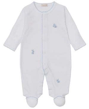 The Baby Premier Springtime Bunny Fun Hand Emb. Footie by Kissy Kissy is a white, long-sleeve onesie with blue scalloped trim and hand-embroidered blue bunnies, crafted from ultra-soft Peruvian cotton for ultimate comfort.