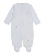 The Kissy Kissy Baby SCE Jungle Hang Out Stripe Footie is a light blue onesie made from soft Pima cotton, featuring long sleeves, footed legs, and delicate hand-embroidered jungle animals such as an elephant, giraffe, and lion.