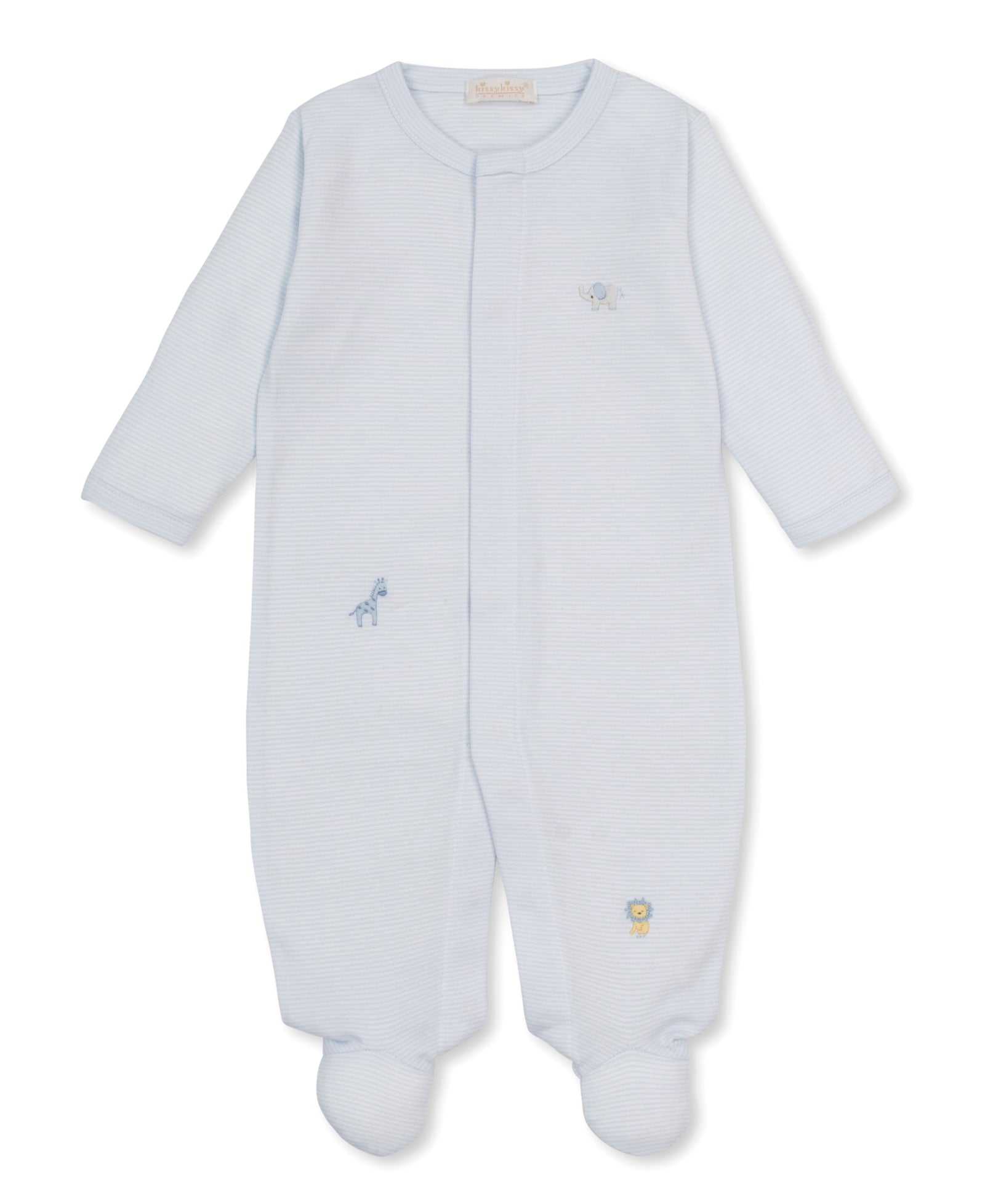 The Kissy Kissy Baby SCE Jungle Hang Out Stripe Footie is a light blue onesie made from soft Pima cotton, featuring long sleeves, footed legs, and delicate hand-embroidered jungle animals such as an elephant, giraffe, and lion.