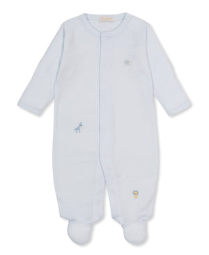 The Kissy Kissy Baby SCE Jungle Hang Out Stripe Footie is a light blue onesie made from soft Pima cotton, featuring long sleeves, footed legs, and delicate hand-embroidered jungle animals such as an elephant, giraffe, and lion.