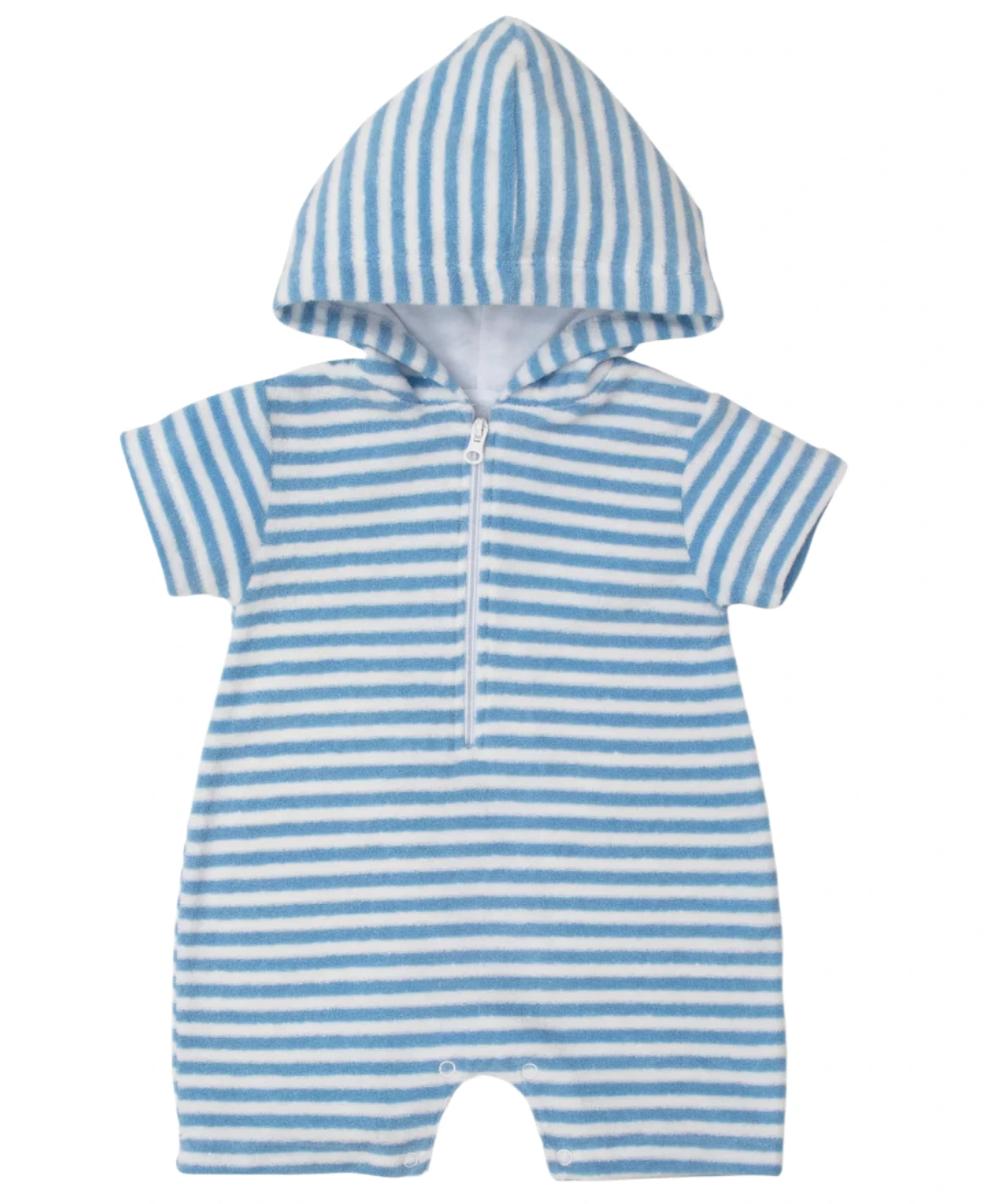 The Kissy Kissy Baby Cabana Terry Stripes Romper is a soft Pima cotton hooded romper with blue and white stripes and a front zipper—ideal for keeping your baby comfy during summer.
